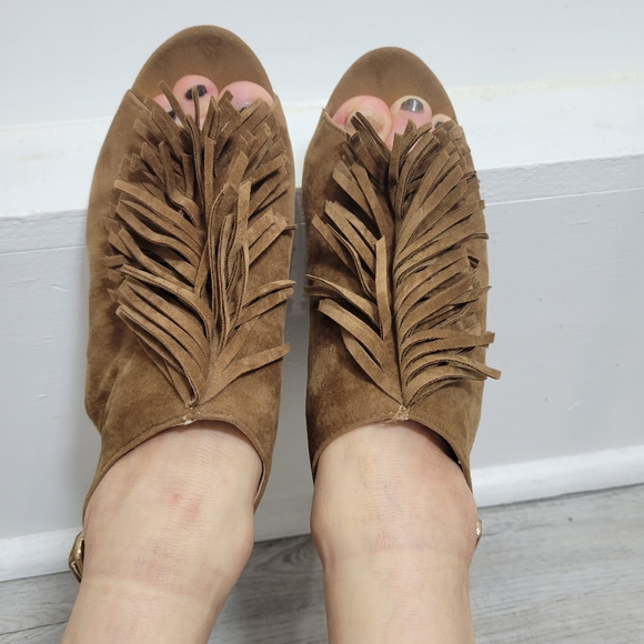 Open Back Cowgirl Fringed Open Toed Brown Suede Sandal Wedges size 6.5 - Picture 5 of 10